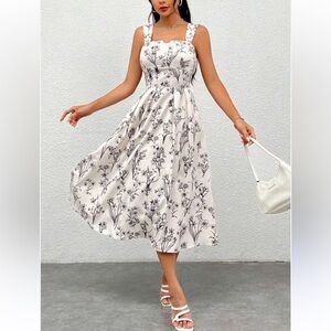 Cream Midi Dress with Black Floral Print